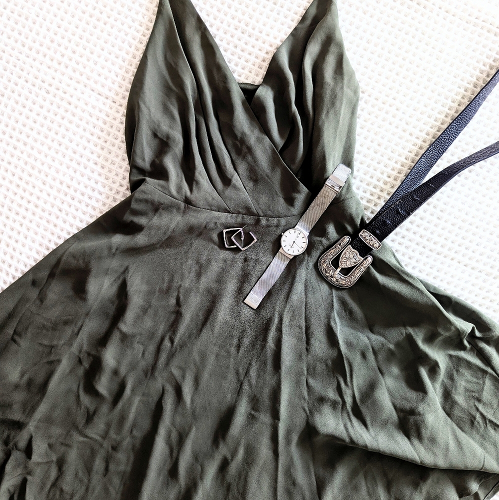 Express sage green mini dress size S skater spaghetti strap